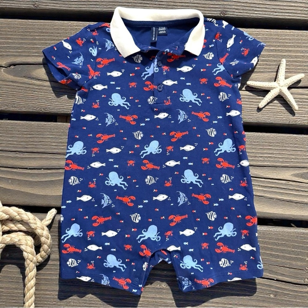 Janie and Jack Navy Nautical Lobster Polo Romper 18-24M Ocean Sea Life